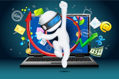 3d Business Man coming out of Laptop clipart