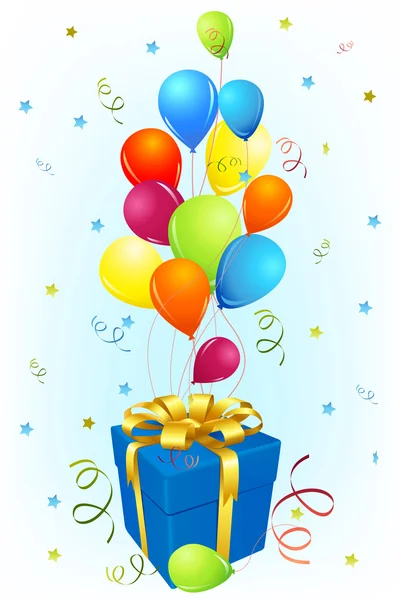 Tarjeta de cumpleaños con regalo y globo — Vector de stock