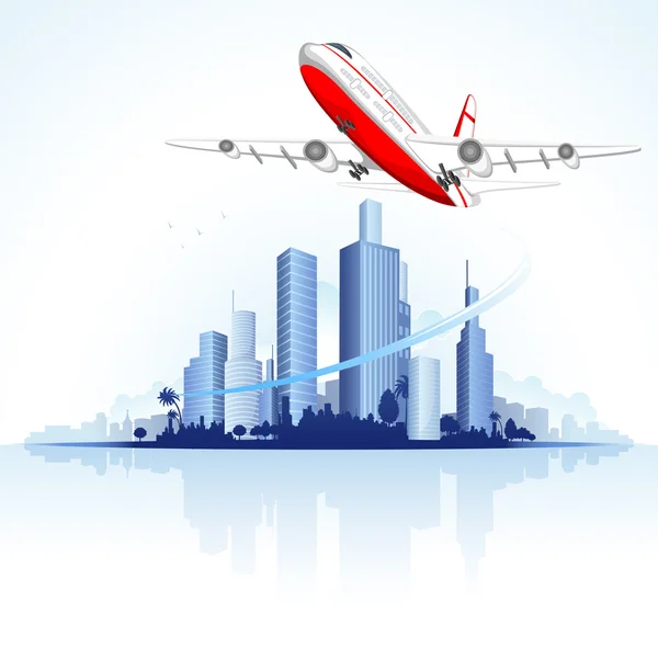 Avião voador em fuga da cidade — Vetor de Stock