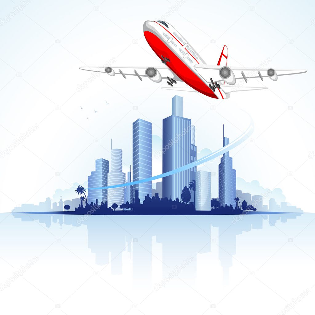 Flying Airplane on City Scape