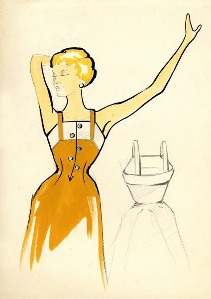 Skizze einer Frau im gelben Kleid lizenzfreie Stockfotos