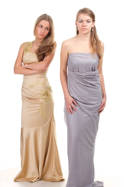 Hall envious friends - two girls in dresses — Stock Photo, Image
