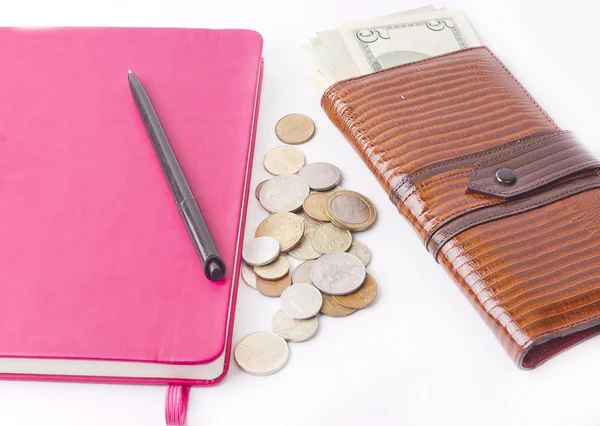 Diary with money and pen isolated — Stock Photo, Image