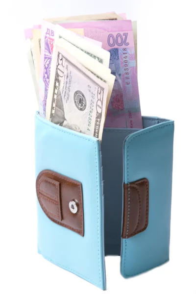 stock image Blue purse with money - dollars and Ukrainian hryvnias