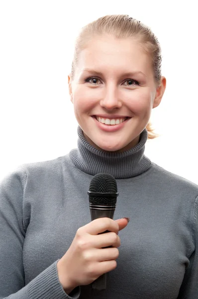 Ung flicka anläggning mikrofon — Stockfoto