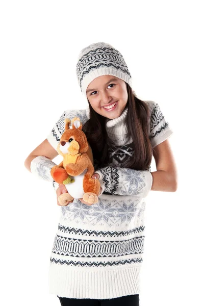 Funny girl with a soft toy — Stock Photo, Image