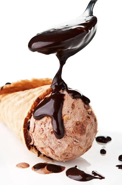 Chocolate drop on ice cream — Stock Photo, Image