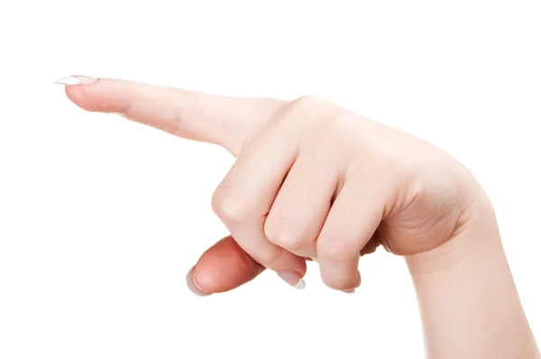 Mujer señala con un dedo en el punto — Foto de Stock