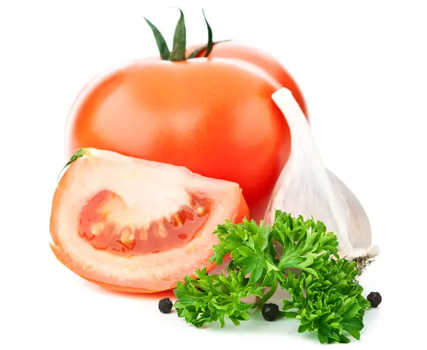 Färsk röd tomat och vitlök — Stockfoto