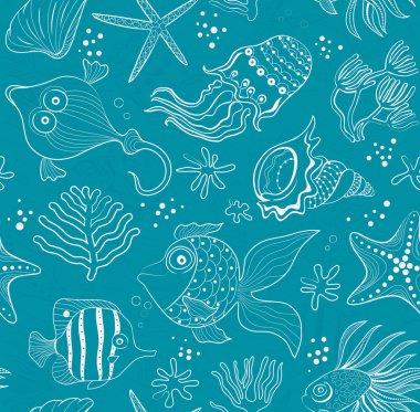 Seamless inlay of sea creatures, corals and shells. Pink path in the emerald background clipart