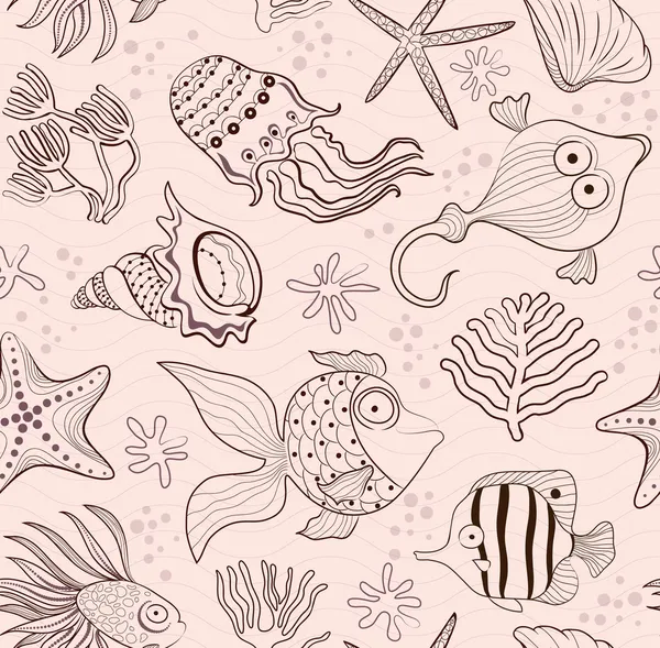 海の生き物、サンゴや貝殻のシームレスなインレイです。ピンクの背景に茶色の輪郭 — ストックベクタ