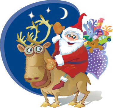 Jolly Santa riding a reindeer. Bag of gifts for children clipart