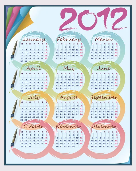 Calendar for 2012 on the sheet in a stack of colored paper. Week starts on — Stock Vector