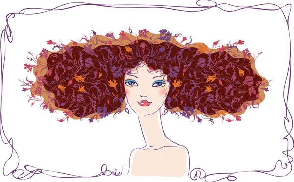 Une jeune brune aux cheveux décoratifs aux fleurs — Image vectorielle