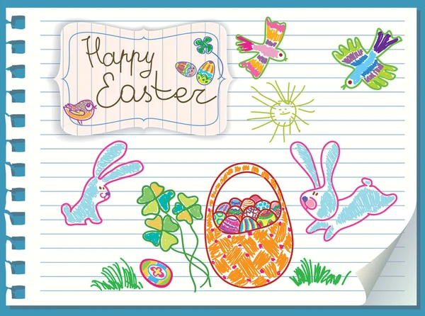 Easter rabbits are a basket of eggs. Vector card — Stock Vector