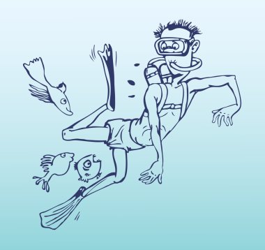 Man in flippers and diving under water clipart