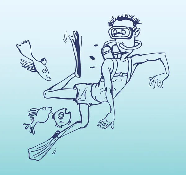 Άνθρωπος με βατραχοπέδιλα και καταδύσεις κάτω από το νερό — Διανυσματικό Αρχείο