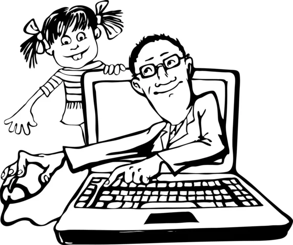 Nauczyciel uczy umiejętności posługiwania się komputerem dziecka — Wektor stockowy