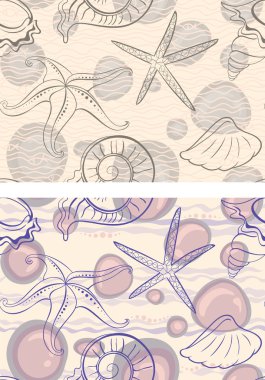 Marine vector seamless background. Contour seashells and starfish clipart