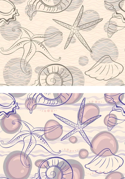 マリン ベクトルのシームレスな背景。輪郭の貝殻およびヒトデ — ストックベクタ