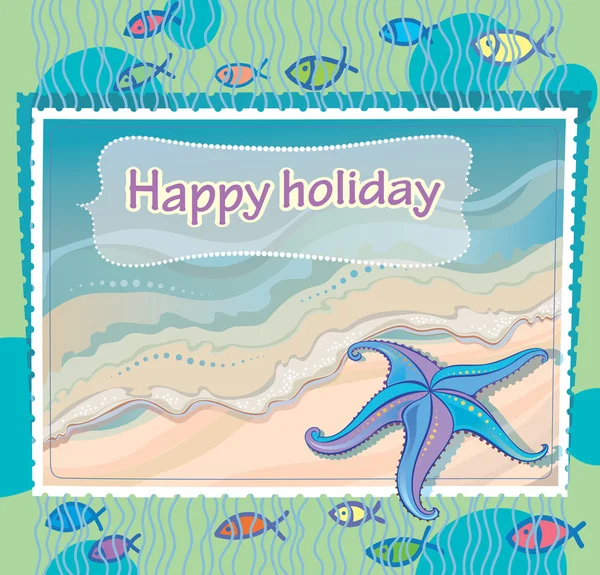 Fondo marino con stelle marine. Augurando una felice vacanza — Vettoriale Stock