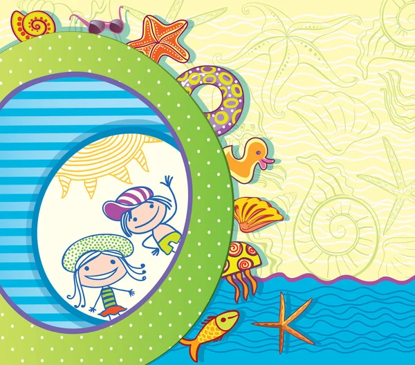 Ευχετήρια κάρτα για το καλοκαίρι. παιδιά και παραλία χαρακτηριστικά — Διανυσματικό Αρχείο