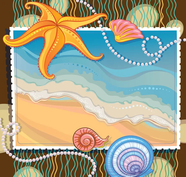 Composición vectorial de imágenes azul marino, perla, conchas y estrellas de mar — Archivo Imágenes Vectoriales