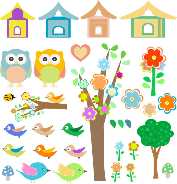 Vögel mit Vogelhäuschen, Eulen, Bäumen und Blumen — Stockvektor