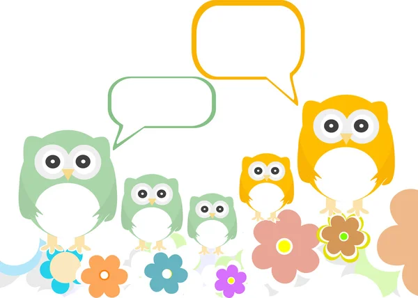 Κουκουβάγια οικογένεια με λουλούδια και σύννεφα ομιλίας — Διανυσματικό Αρχείο