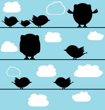 Silhouette of birds owl on a wire with clouds clipart