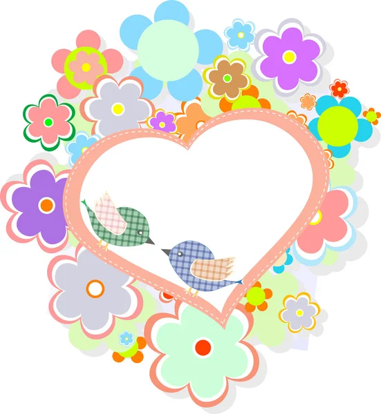 与可爱鸟用鲜花和心生日贺卡 — 图库矢量图片