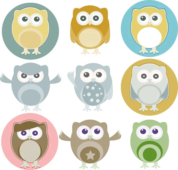 Vector illustration of colorful owls with nine color — Stock Vector