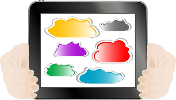 Woman hand holding tablet pc with abstract cloud — Stock Vector