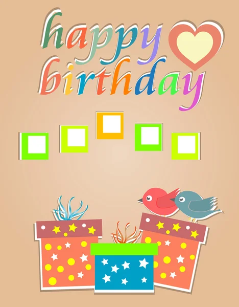 矢量生日快乐卡与可爱的鸟类和礼品盒 — 图库矢量图片