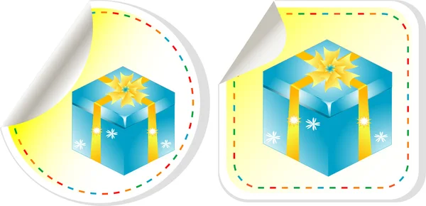 Caja de regalo azul con una etiqueta engomada de lazo amarillo — Vector de stock