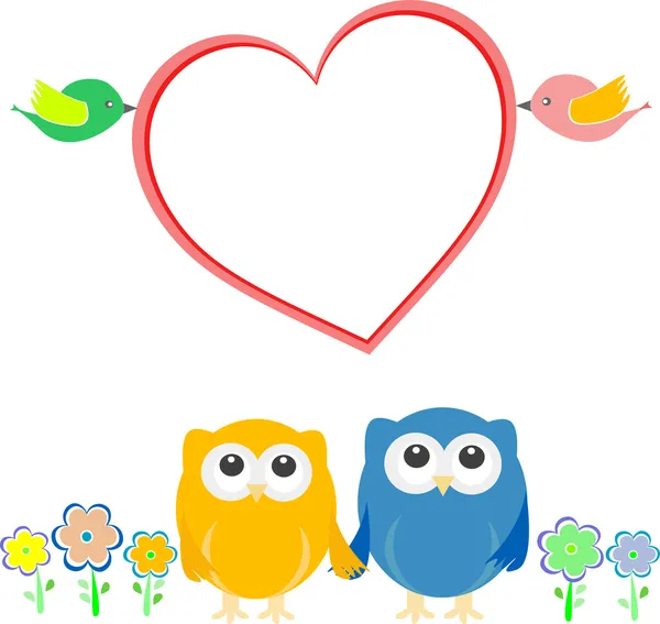 Valentinskarte mit Vogelpaar, Eulen und Liebesherz — Stockvektor
