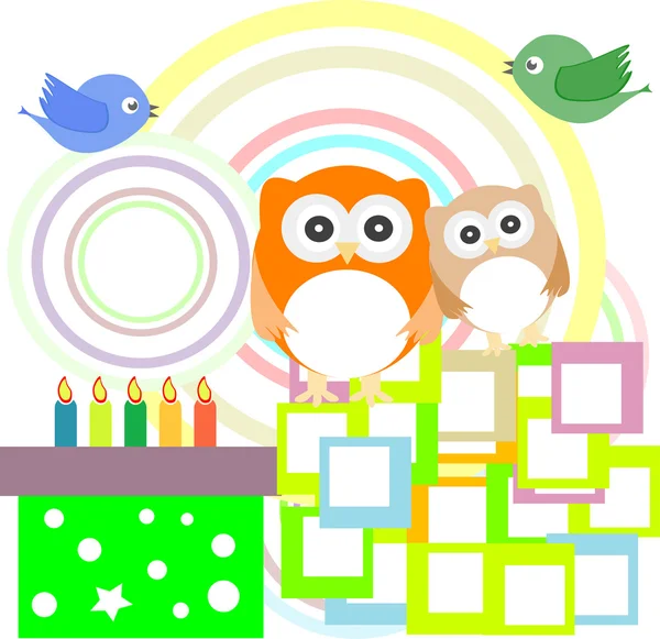 Vector cartão de festa de aniversário com coruja bonito — Vetor de Stock