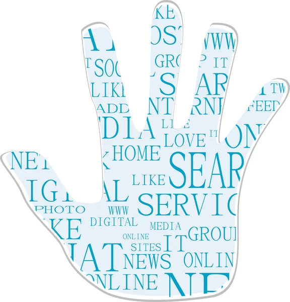 Ilustración del símbolo de la mano, palabras clave en temas de redes sociales — Vector de stock