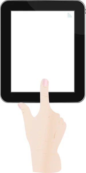 Tenendo in mano un pc touchpad, un dito tocca il touchpad — Vettoriale Stock