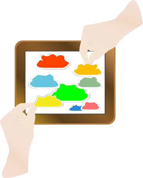 Finger pointing modern touch screen tablet computer, cloud — Stock Vector