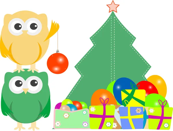 Eulenfamilie mit Weihnachtsbaum, Kugeln, Luftballons — Stockvektor