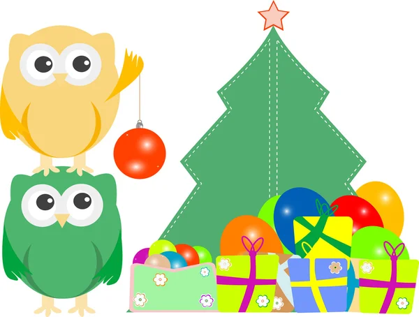 Uil familie met kerstboom, ballen, ballonnen — Stockvector