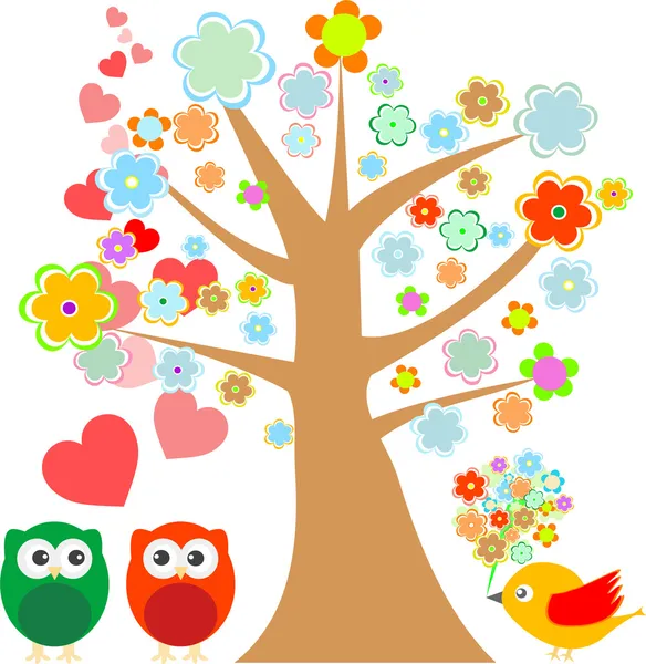 Ugglor i kärlek och fågel med söta blommiga träd — Stock vektor