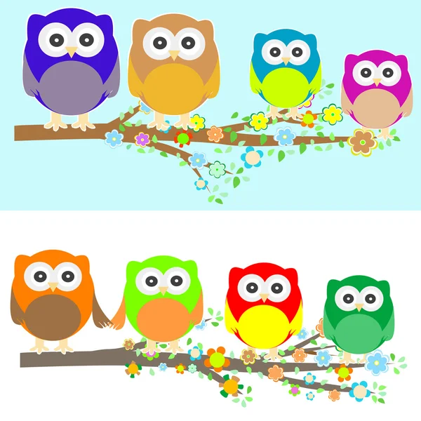Family of owls sat on a tree branch at night and day — Stock Vector