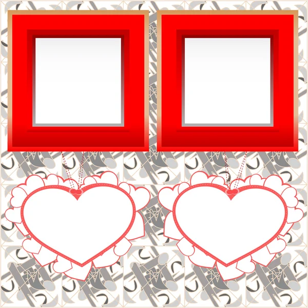 Deux cadres photo instantanés vierges avec des formes de coeur sur bois — Image vectorielle