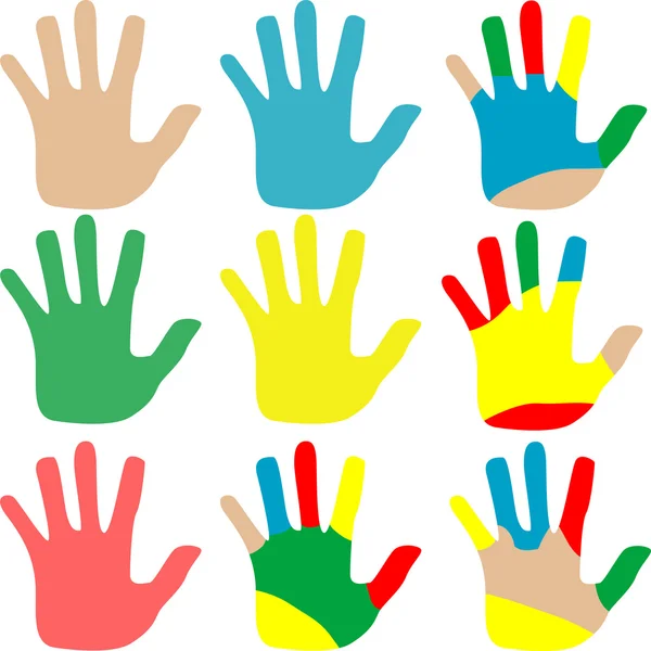 Mãos de ilustração vetorial conjunto multicolorido isolado em branco — Vetor de Stock
