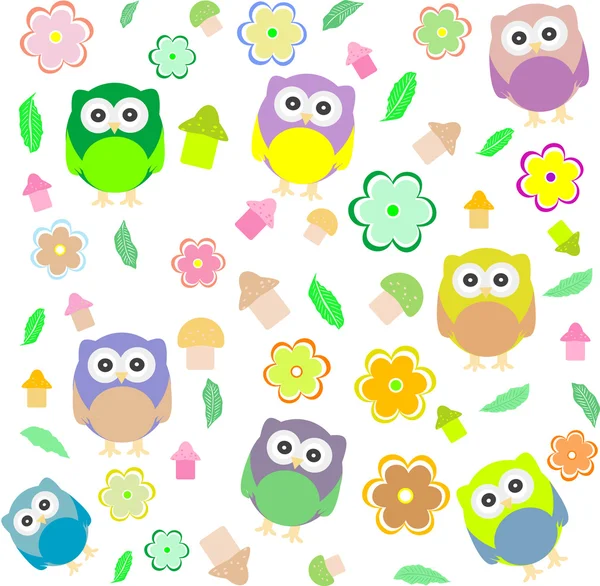 Background with spring elements - owls, mushrooms, flowers — Stock Vector