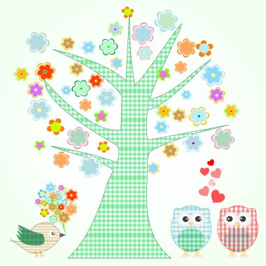 Owl in love and bird with flowers textile stickers Vector clipart