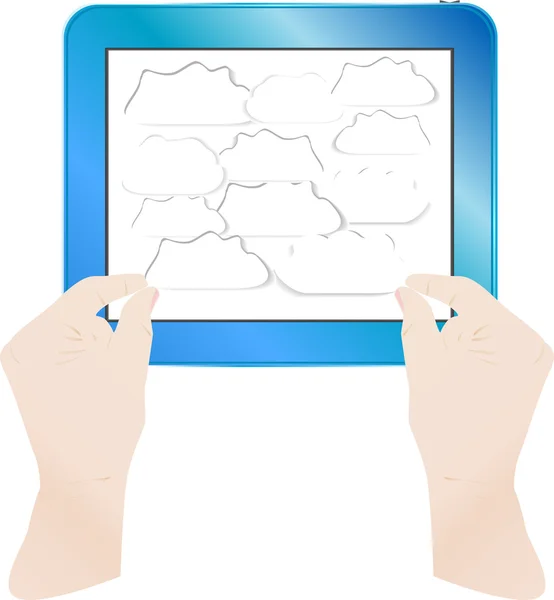 Handen met bubbels op computer tablet pc. vector — Stockvector