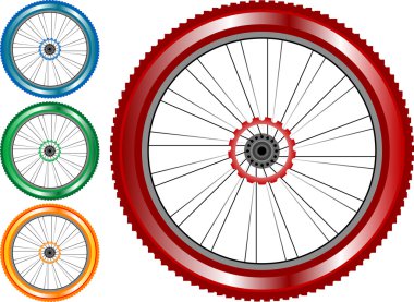 Set of colored bike wheel with tire and spokes isolated on white background clipart